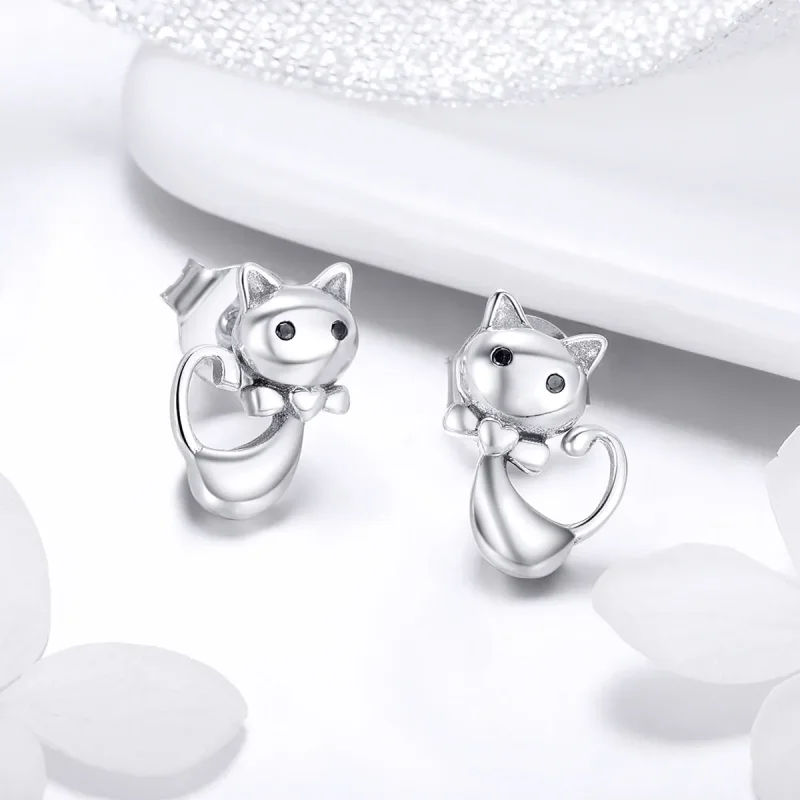 (image for) Silver Sticky Cat Stud Earrings - PANDORA Style - SCE450 - View 2