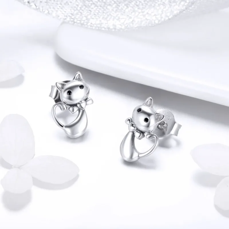 (image for) Silver Sticky Cat Stud Earrings - PANDORA Style - SCE450 - View 3