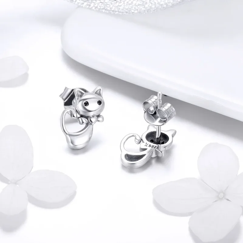 (image for) Silver Sticky Cat Stud Earrings - PANDORA Style - SCE450 - View 4