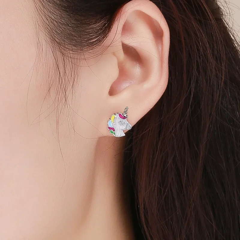 (image for) Silver Unicorn Memory Stud Earrings - PANDORA Style - SCE393 - View 4