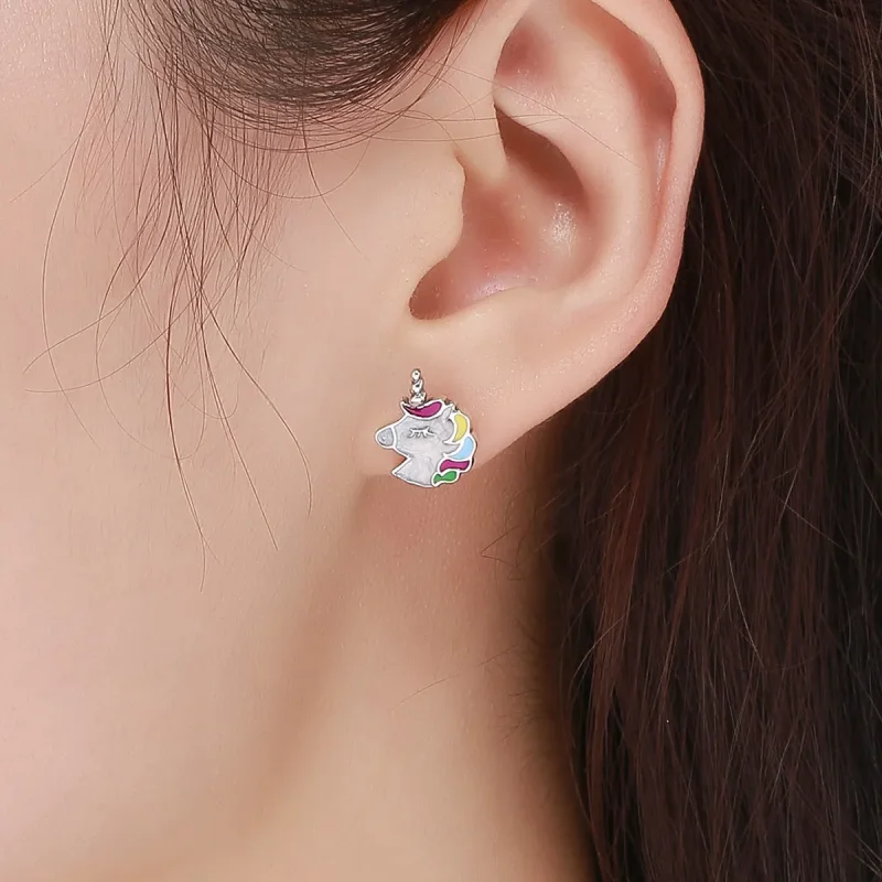 (image for) Silver Unicorn Memory Stud Earrings - PANDORA Style - SCE393 - View 5