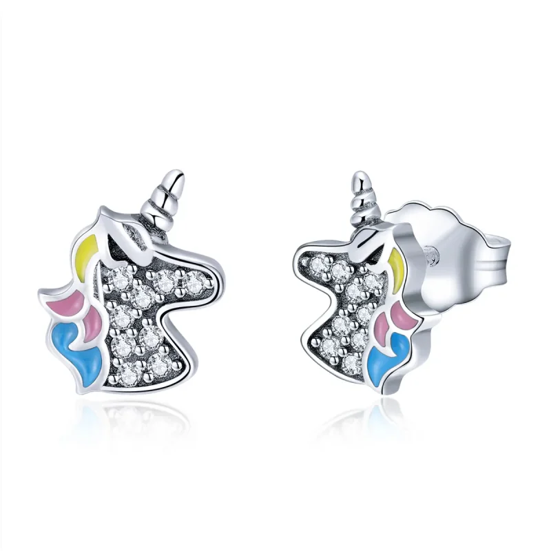 (image for) Silver Unicorn Memory Stud Earrings - PANDORA Style - SCE426 - Product Image