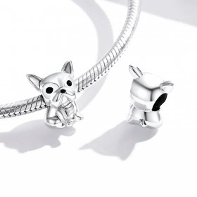 Pandora Style Silver Charm, Cute Frenchie Bulldog, Black Enamel - SCC1599