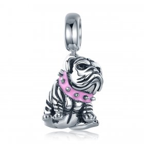 Pandora Style Silver Dangle Charm, English Bulldogs, Pink Enamel - SCC552