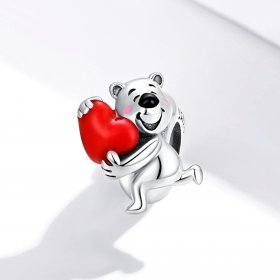 Pandora Style Silver Charm, Polar Bear With Heart, Red Enamel - SCC1610