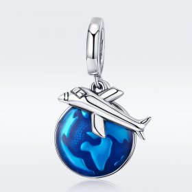 Pandora Style Silver Dangle Charm, Travel Around The World, Aquamarine Enamel - SCC664