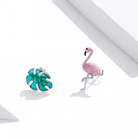 Pandora Style Silver Hoop Earrings, Leaf & Flamingos, Multicolor Enamel - SCE1124