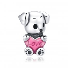 Pandora Style Silver Charm, Cute Puppy, Pink Enamel - SCC1677