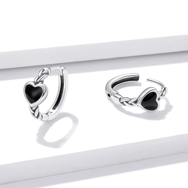 (image for) PANDORA Style Black Heart Hoop Earrings - BSE456 - View 3