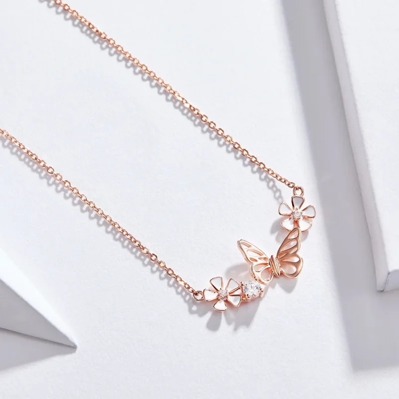 (image for) Pandora Style Rose Gold Necklace, Dancing Butterfly - BSN053 - View 3