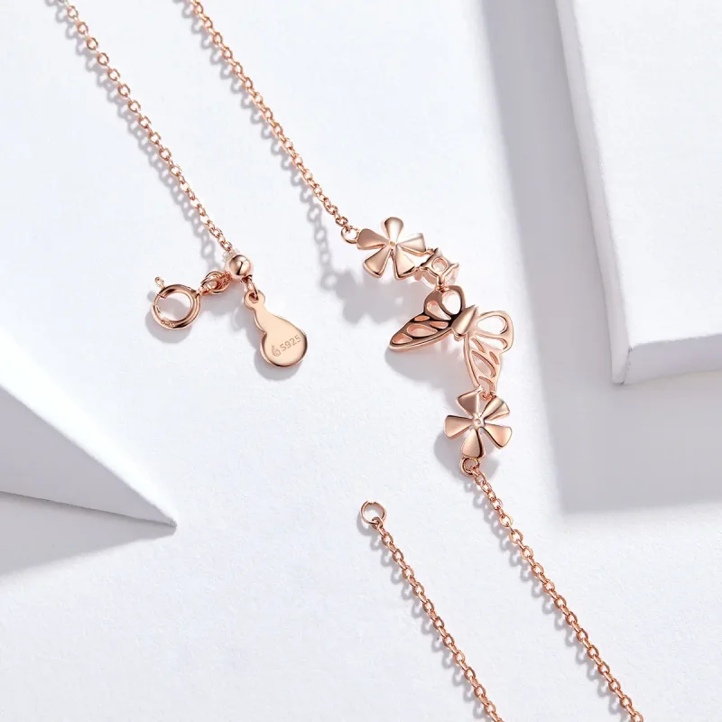 (image for) Pandora Style Rose Gold Necklace, Dancing Butterfly - BSN053 - View 4