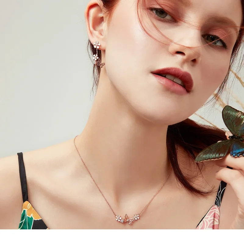 (image for) Pandora Style Rose Gold Necklace, Dancing Butterfly - BSN053 - View 6