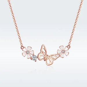 (image for) Pandora Style Rose Gold Necklace, Dancing Butterfly - BSN053