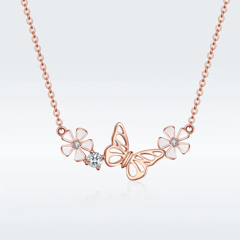 (image for) Pandora Style Rose Gold Necklace, Dancing Butterfly - BSN053 - Product Image