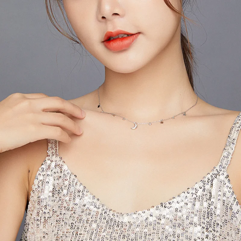 (image for) Pandora Style Silver Necklace, Dream Star Moon, Enamel - SCN420 - View 6