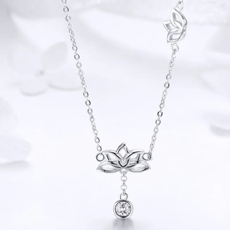 (image for) Pandora Style Silver Necklace, Fresh Lotus, Enamel - BSN012 - View 4
