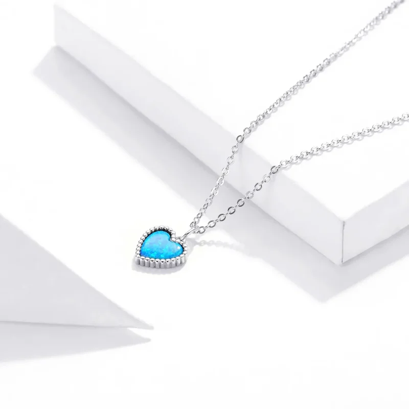 (image for) Pandora Style Silver Necklace, Heart, Aquamarine Enamel - SCN413 - View 2