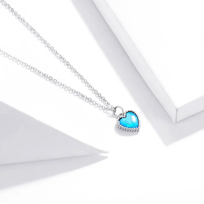 (image for) Pandora Style Silver Necklace, Heart, Aquamarine Enamel - SCN413 - View 3