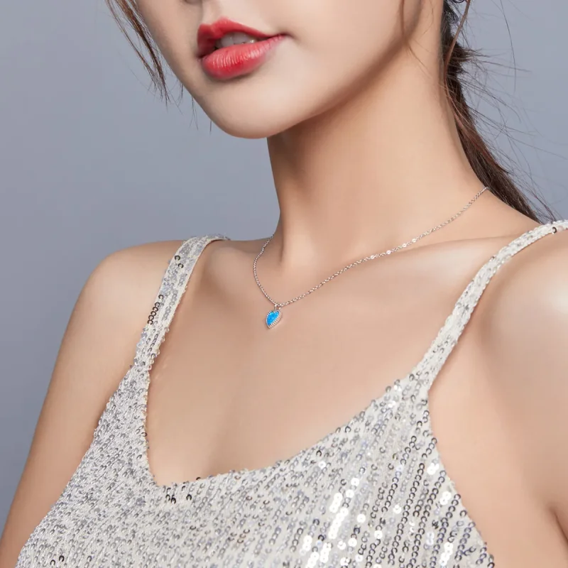 (image for) Pandora Style Silver Necklace, Heart, Aquamarine Enamel - SCN413 - View 6