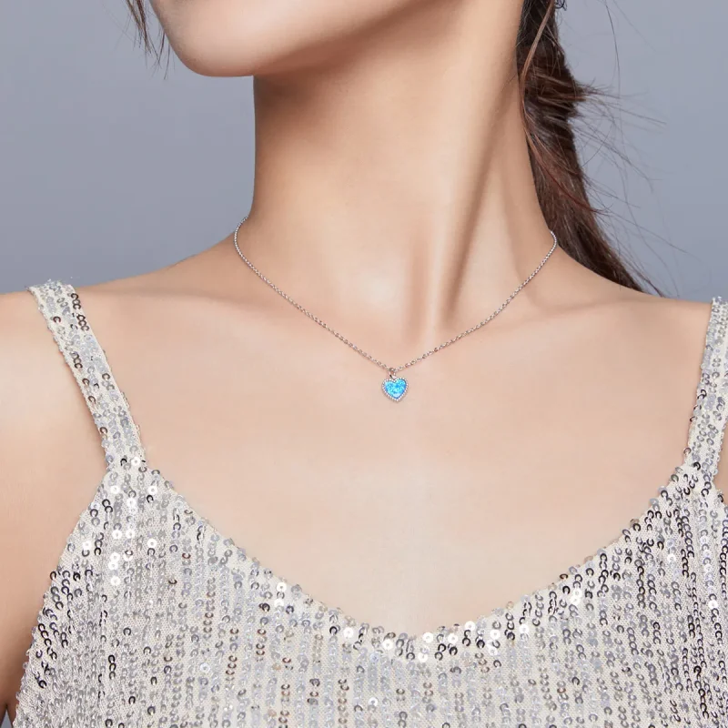 (image for) Pandora Style Silver Necklace, Heart, Aquamarine Enamel - SCN413 - View 8