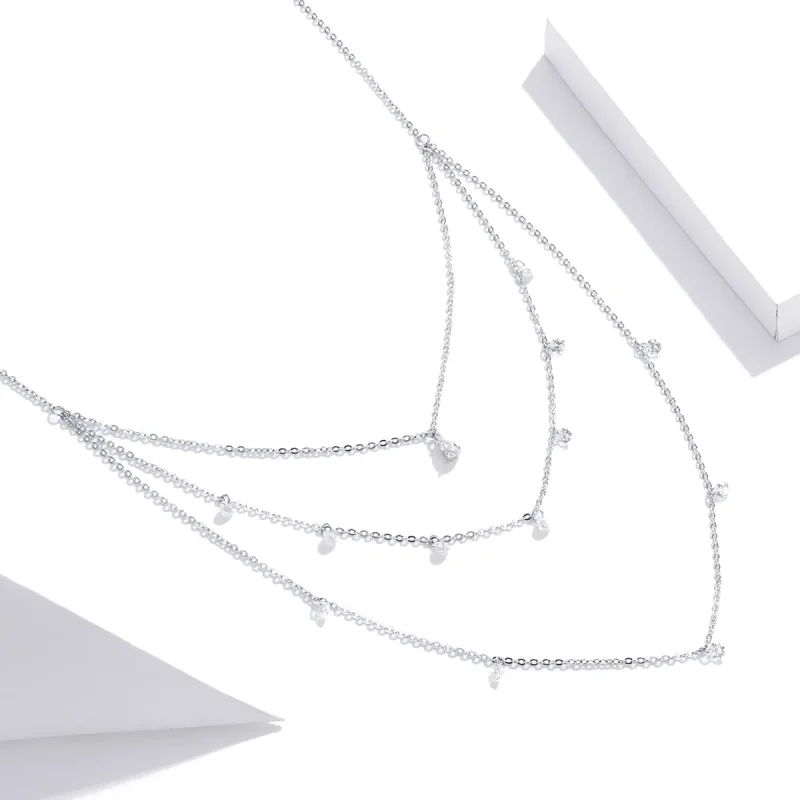 (image for) Pandora Style Silver Necklace, Long Layered Three Strand, Enamel - SCN429 - View 3