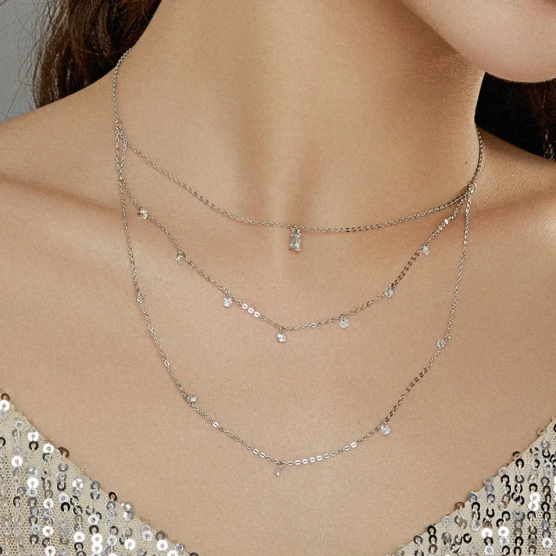 (image for) Pandora Style Silver Necklace, Long Layered Three Strand, Enamel - SCN429 - View 6