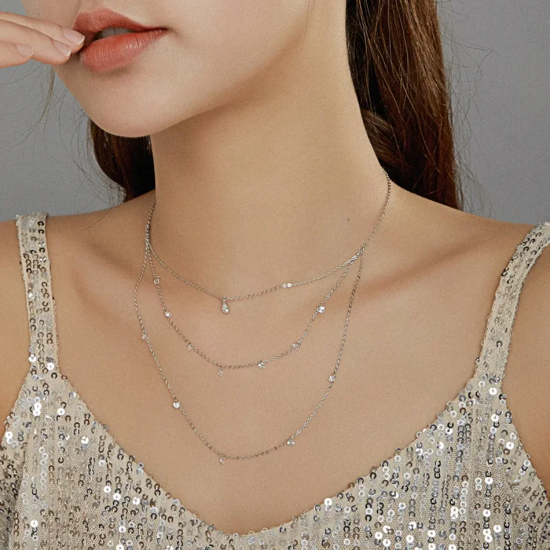 (image for) Pandora Style Silver Necklace, Long Layered Three Strand, Enamel - SCN429 - View 7