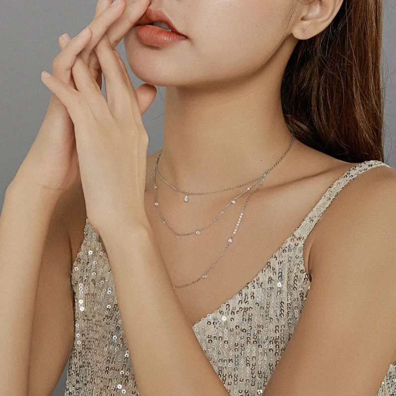 (image for) Pandora Style Silver Necklace, Long Layered Three Strand, Enamel - SCN429 - View 8