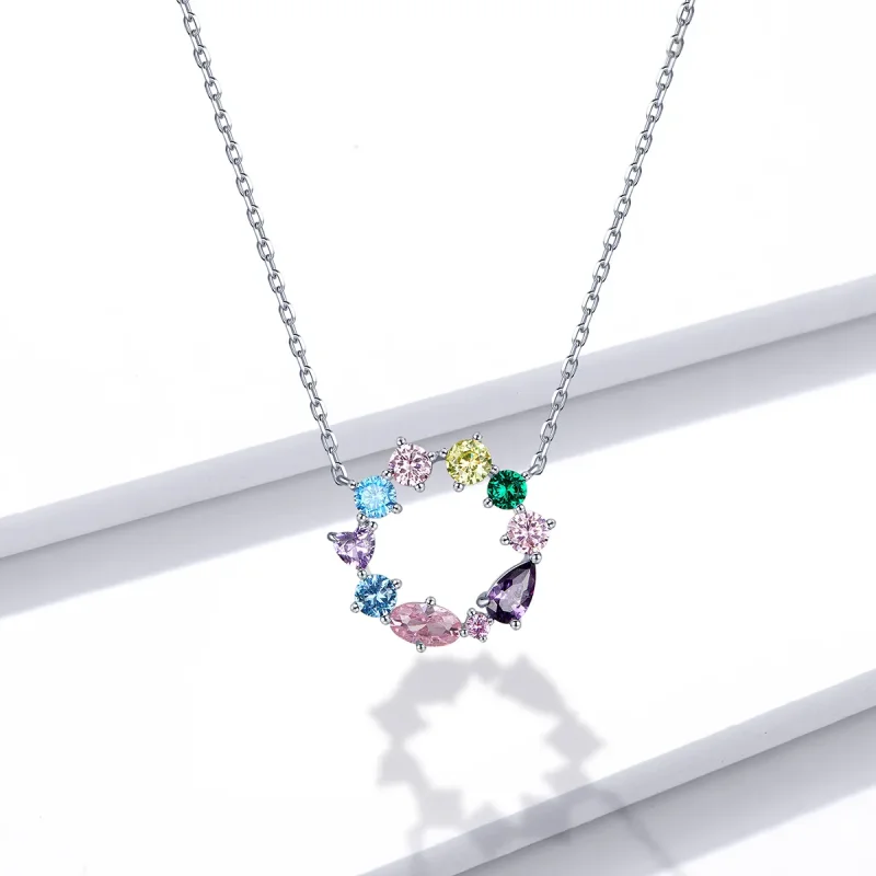 (image for) Pandora Style Silver Necklace, Lucky Wreath, Multicolor Enamel - BSN178 - View 6