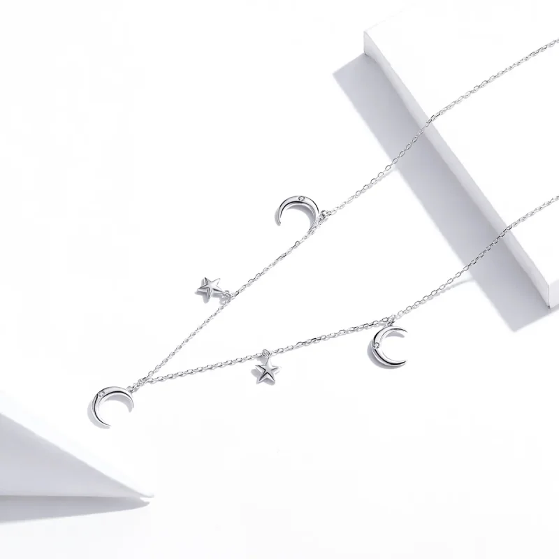 (image for) Pandora Style Silver Necklace, Moon and Star, Enamel - SCN411 - View 3