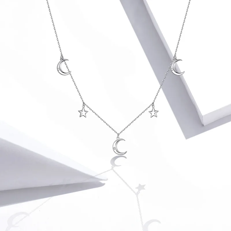 (image for) Pandora Style Silver Necklace, Moon and Star, Enamel - SCN411 - View 5
