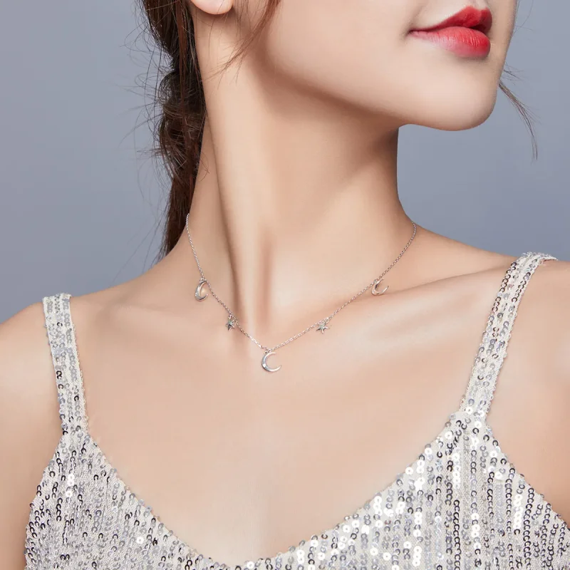 (image for) Pandora Style Silver Necklace, Moon and Star, Enamel - SCN411 - View 6