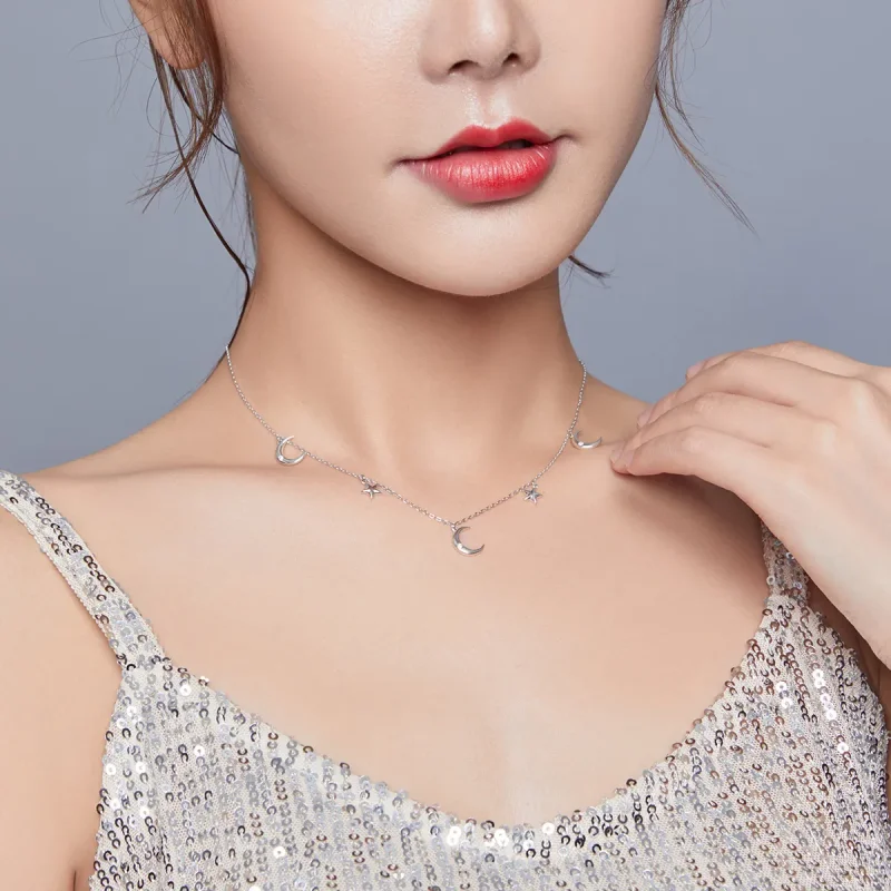 (image for) Pandora Style Silver Necklace, Moon and Star, Enamel - SCN411 - View 7