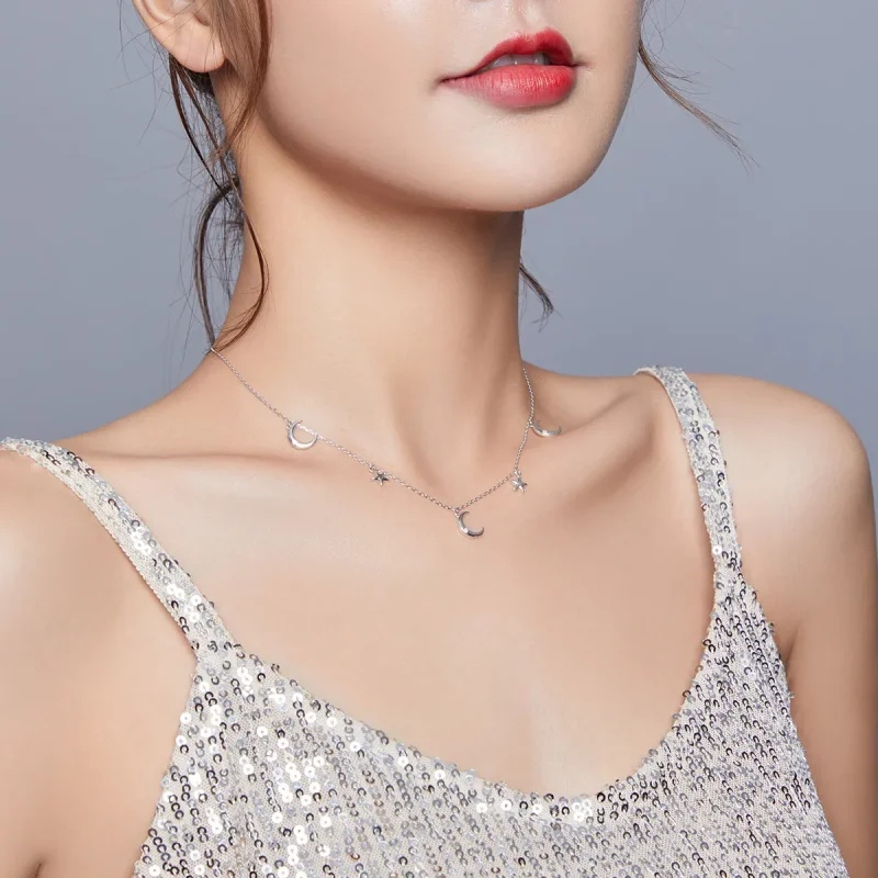 (image for) Pandora Style Silver Necklace, Moon and Star, Enamel - SCN411 - View 8