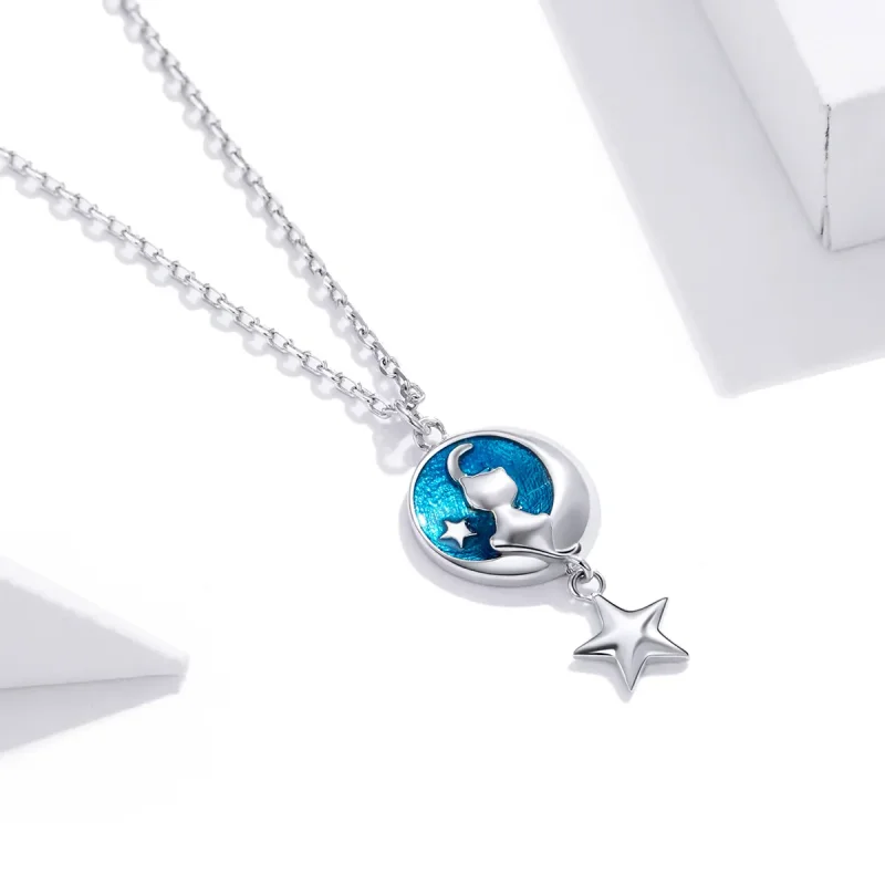 (image for) Pandora Style Silver Necklace, Moon & Cat, Blue Enamel - SCN422 - View 3