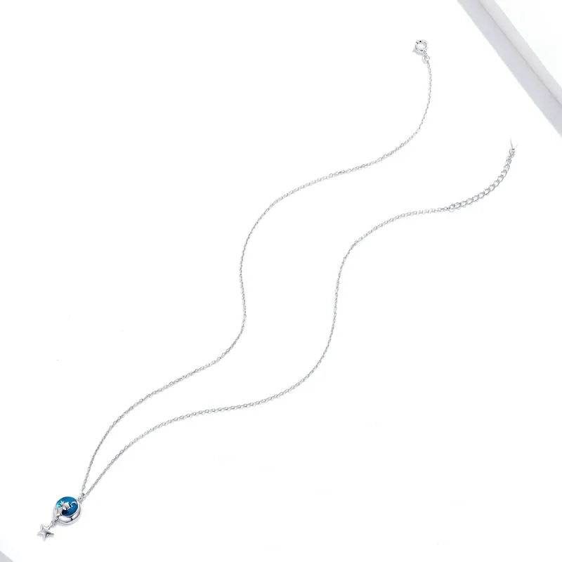 (image for) Pandora Style Silver Necklace, Moon & Cat, Blue Enamel - SCN422 - View 4