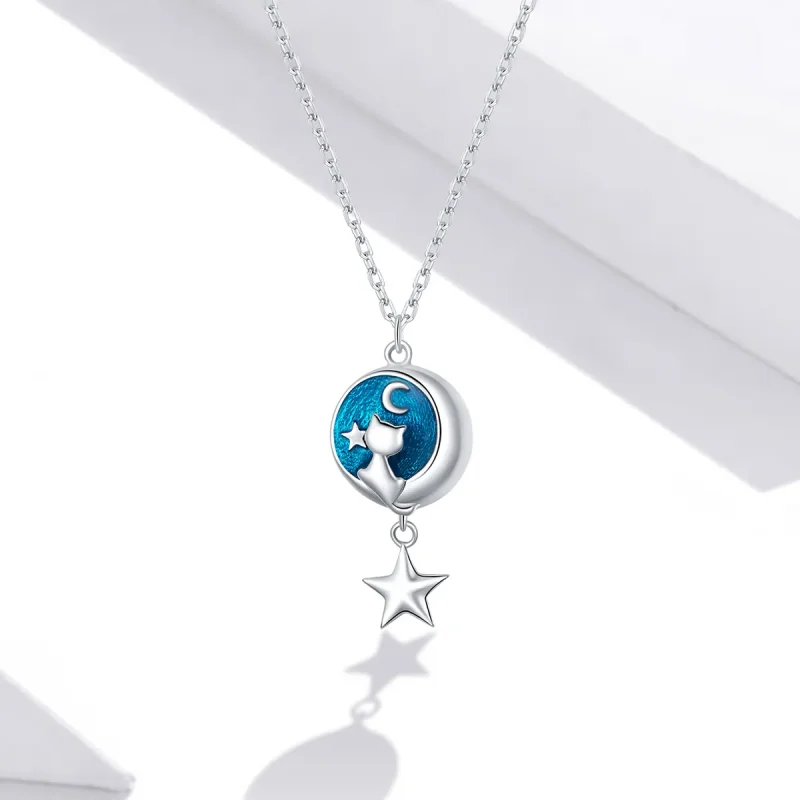 (image for) Pandora Style Silver Necklace, Moon & Cat, Blue Enamel - SCN422 - View 5