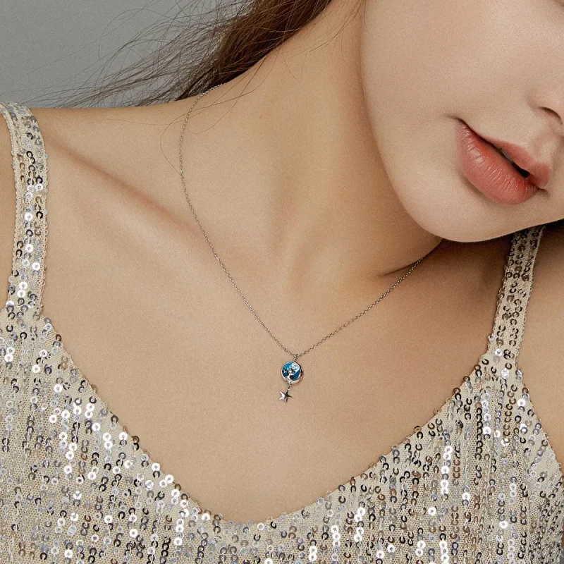 (image for) Pandora Style Silver Necklace, Moon & Cat, Blue Enamel - SCN422 - View 6