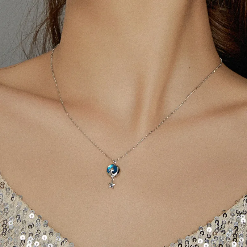 (image for) Pandora Style Silver Necklace, Moon & Cat, Blue Enamel - SCN422 - View 7