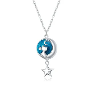 (image for) Pandora Style Silver Necklace, Moon & Cat, Blue Enamel - SCN422