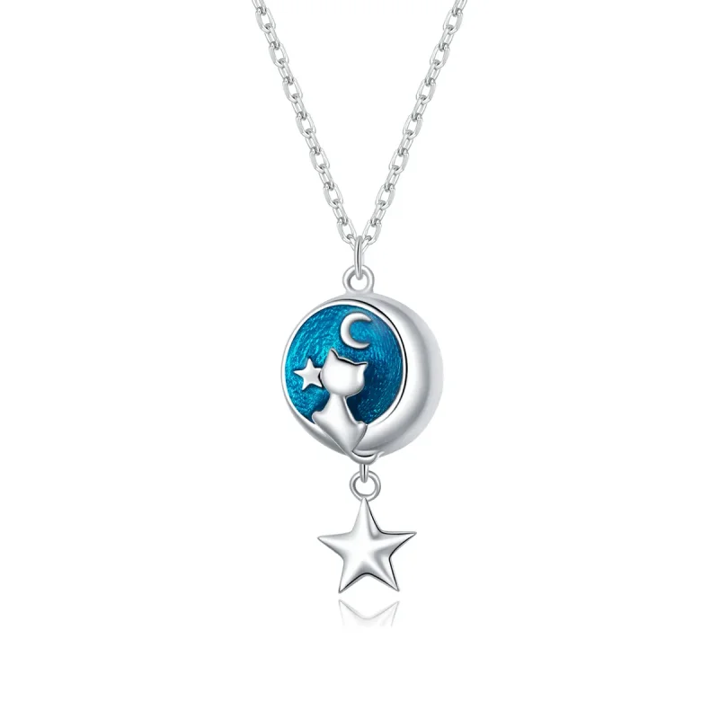 (image for) Pandora Style Silver Necklace, Moon & Cat, Blue Enamel - SCN422 - Product Image