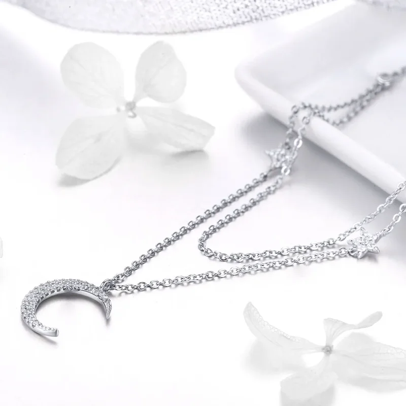 (image for) Pandora Style Silver Necklace, Moon & Stars, Enamel - BSN038 - View 3