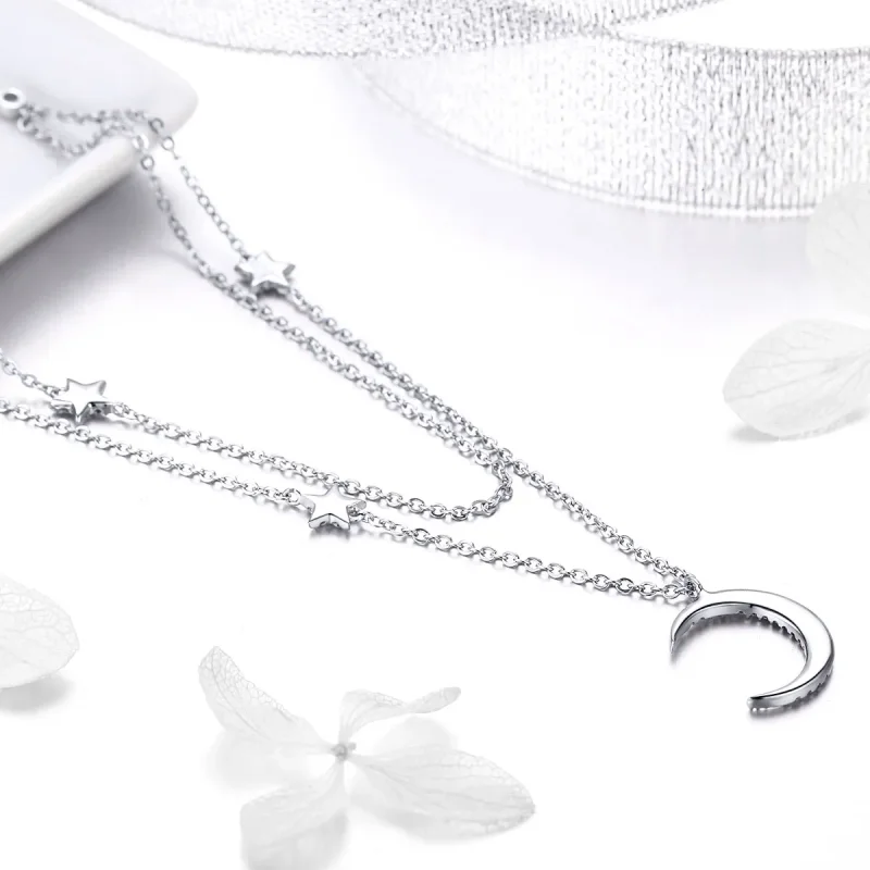 (image for) Pandora Style Silver Necklace, Moon & Stars, Enamel - BSN038 - View 4