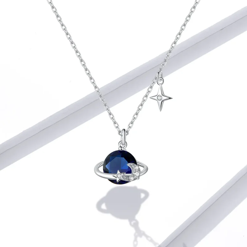 (image for) Pandora Style Silver Necklace, Planet, Blue Enamel - BSN166 - View 5