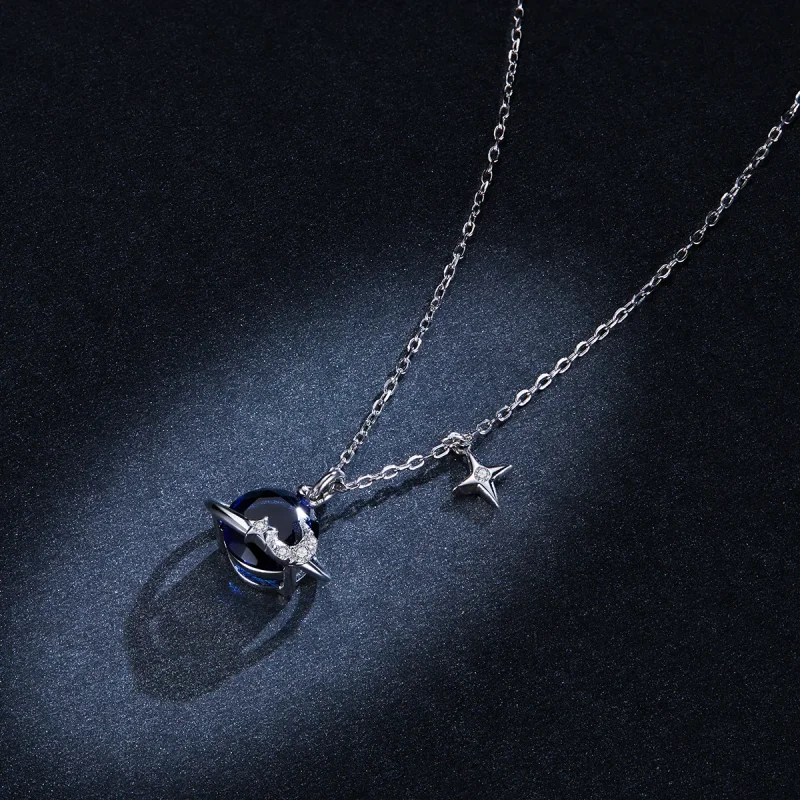 (image for) Pandora Style Silver Necklace, Planet, Blue Enamel - BSN166 - View 6