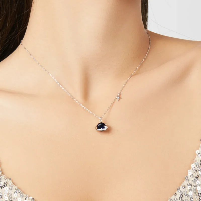 (image for) Pandora Style Silver Necklace, Planet, Blue Enamel - BSN166 - View 9