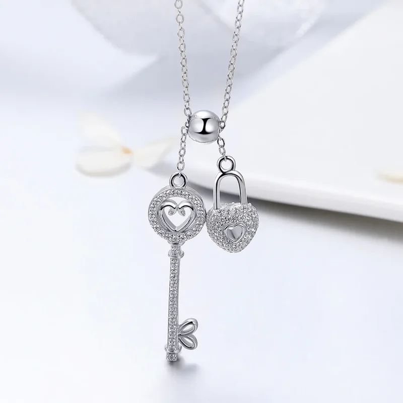 (image for) Silver Key of Heart Lock Necklace - PANDORA Style - SCN290 - View 2