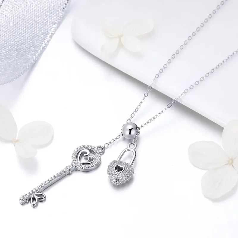 (image for) Silver Key of Heart Lock Necklace - PANDORA Style - SCN290 - View 3