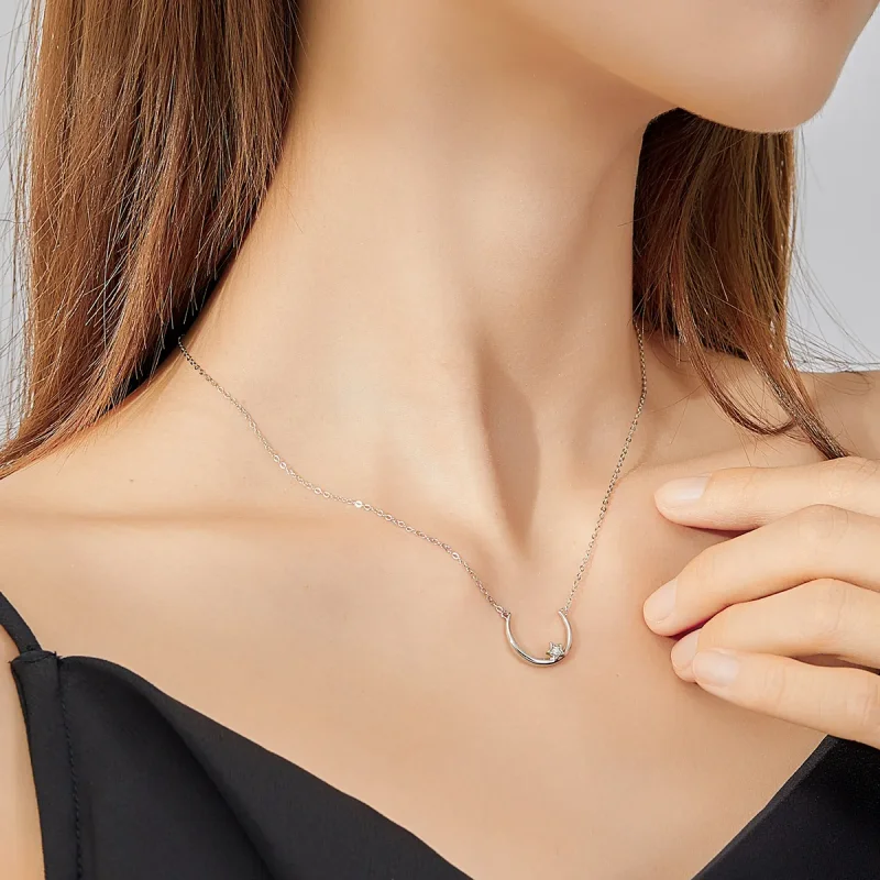 (image for) Silver Offset Star Circle Necklace - PANDORA Style - SCN382 - View 7