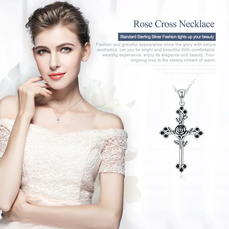 (image for) Silver Rose Cross Necklace - PANDORA Style - SCN091 - View 2